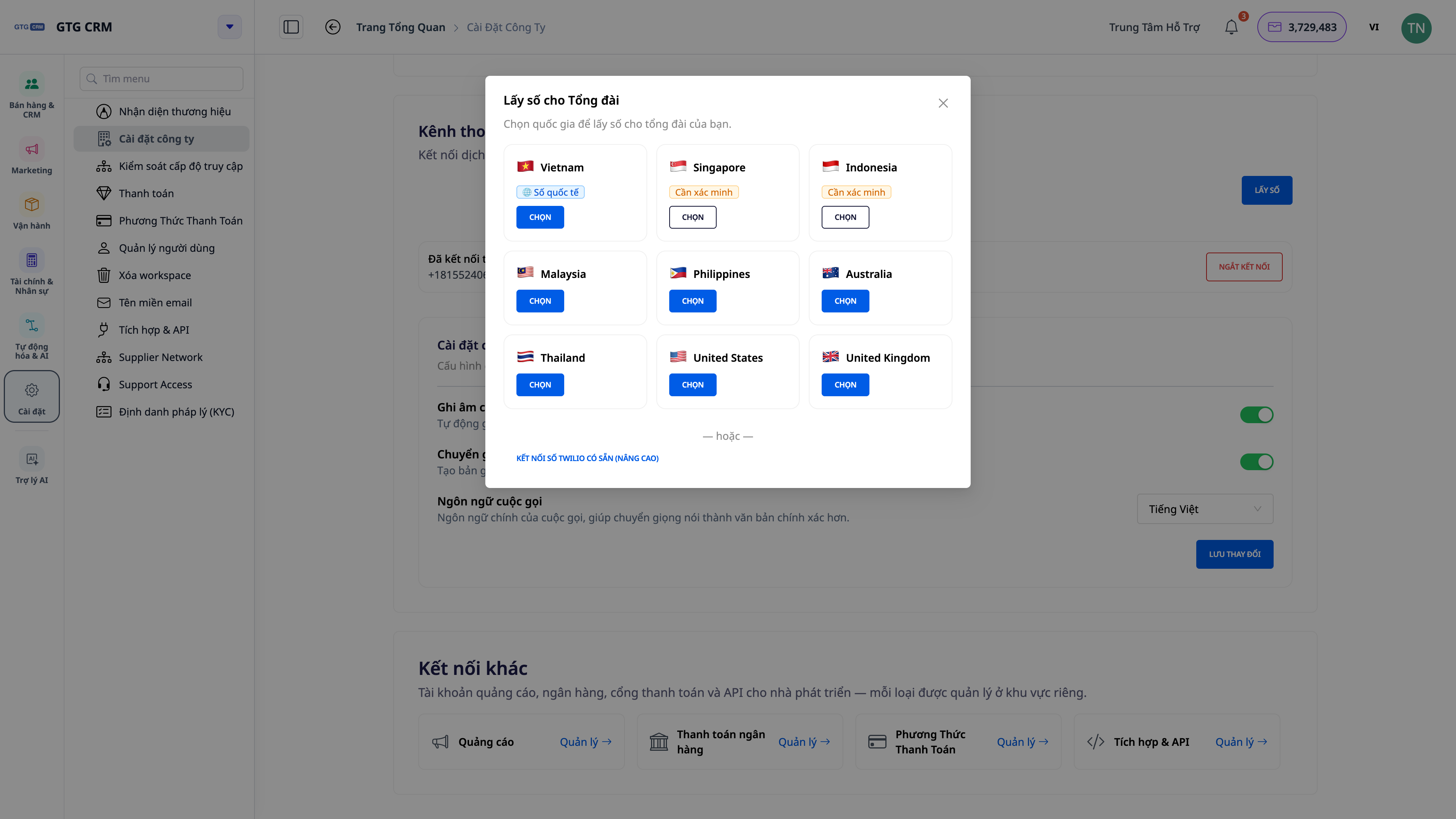 Veldu land og símanúmer símforritunarinnar strax í GTG CRM